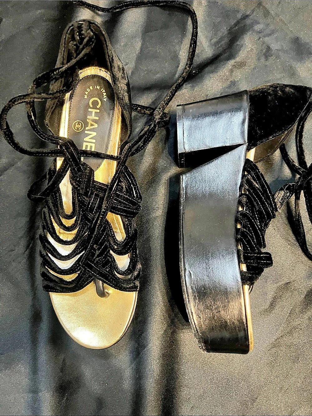 Chanel Strappy Logo Sandals in Black & Gold